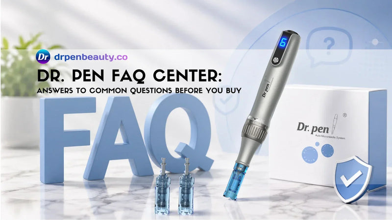 Dr. Pen FAQ Center blog cover featuring a Dr. Pen microneedling pen, replacement needle cartridges, product packaging, and FAQ concept for buying guide, cartridges, shipping, and warranty information.