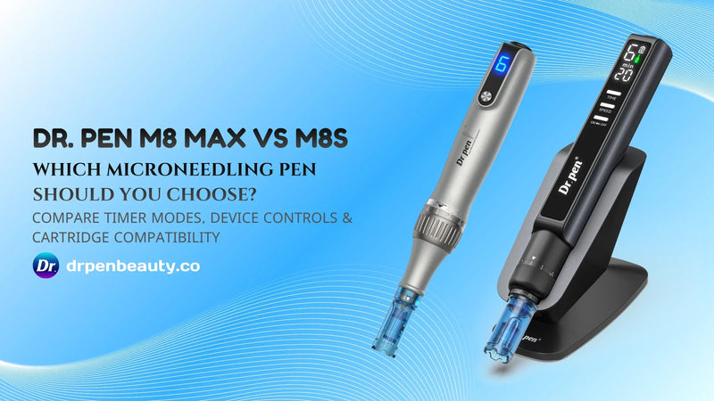 Dr. Pen M8S beside M8 Max on its sensing stand, with a headline comparing timer modes, controls and cartridge compatibility.