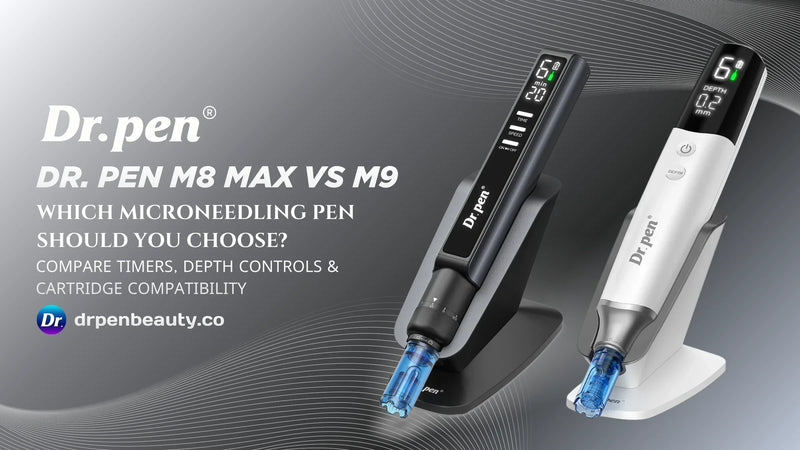 Dr. Pen M8 Max and M9 microneedling pens side by side on their stands, showing the M8 Max timer display and M9 needle-depth display.