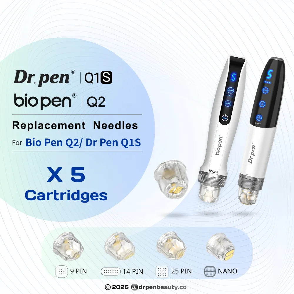 Dr.Pen Q1S/Bio Pen Q2 replacement cartridges (5-pack) with 9, 14, 25, and nano pins.