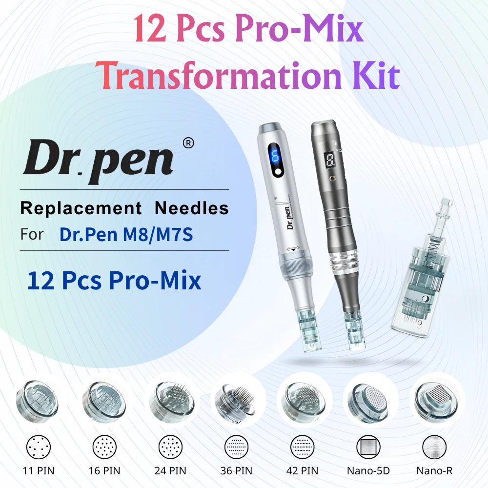 Dr.pen M8/M7S Microneedling Cartridges: 12 Pcs Pro-Mix Transformation Kit with silver Dr.pen devices and various needle heads.