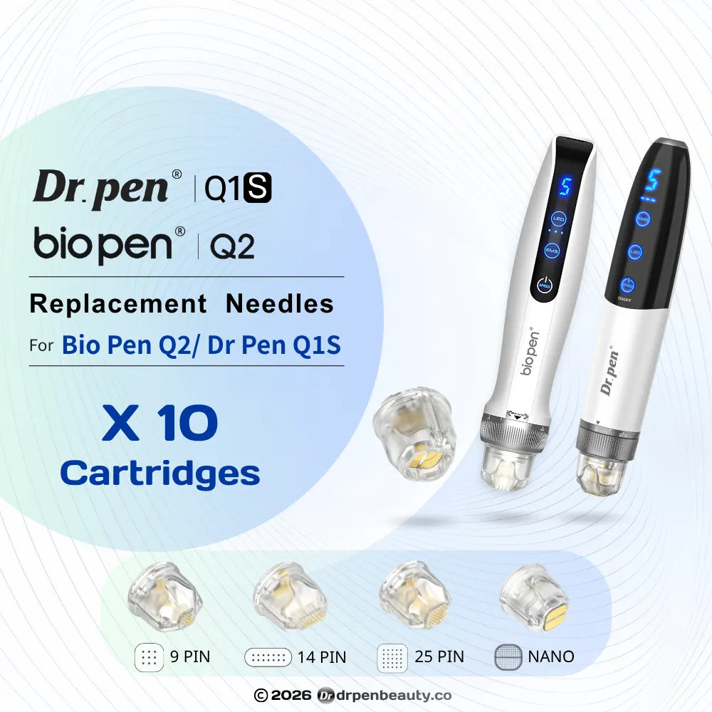 Dr. Pen Q1S/Bio Pen Q2 replacement cartridges (10-pack) with 9, 14, 25, and nano pin options.