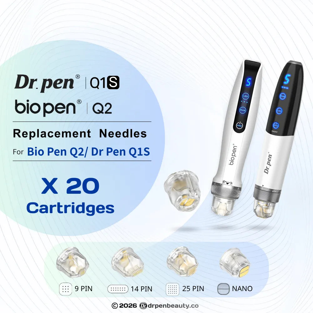 Dr. Pen Q1S / Bio Pen Q2 replacement cartridges, 20-pack, with 9, 14, 25-pin, and nano options.
