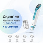 Dr.pen H6 cartridges: 10 replacement nanoneedle cartridges for Hydra Pen H6, shown with the white and teal microneedling pen.