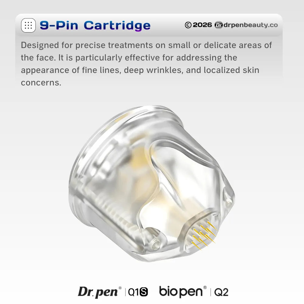 Dr. Pen Q1S and Bio Pen Q2 9-pin replacement cartridge with clear housing and gold-colored pins.