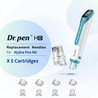 Dr.pen H6 microneedling pen with 5 replacement cartridges: 18, 36, 42 pin, and Nano-R.