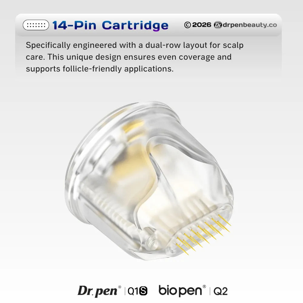Dr. Pen Q1S and Bio Pen Q2 14-pin replacement cartridge with clear housing and gold-colored pins.