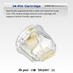 Dr. Pen Q1S and Bio Pen Q2 14-pin replacement cartridge with clear housing and gold-colored pins.
