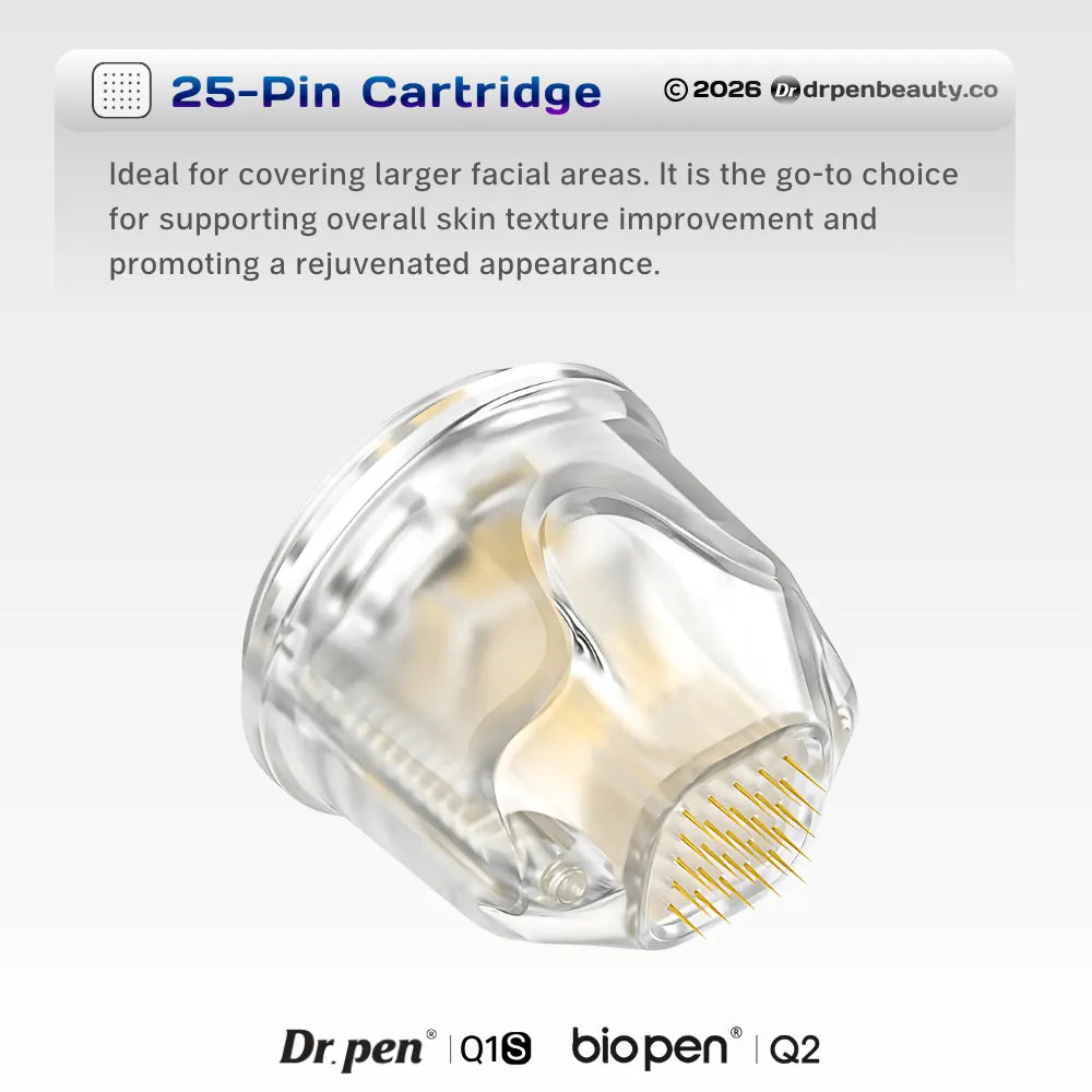 Dr.Pen Q1S / Bio Pen Q2 25-pin replacement cartridge with gold needles, clear housing.