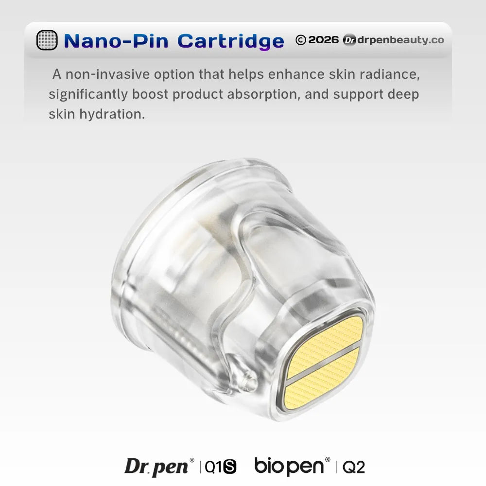 Dr.Pen Q1S/Q2 Nano-Pin Cartridge, clear plastic with gold-colored pins, for enhanced skin radiance.