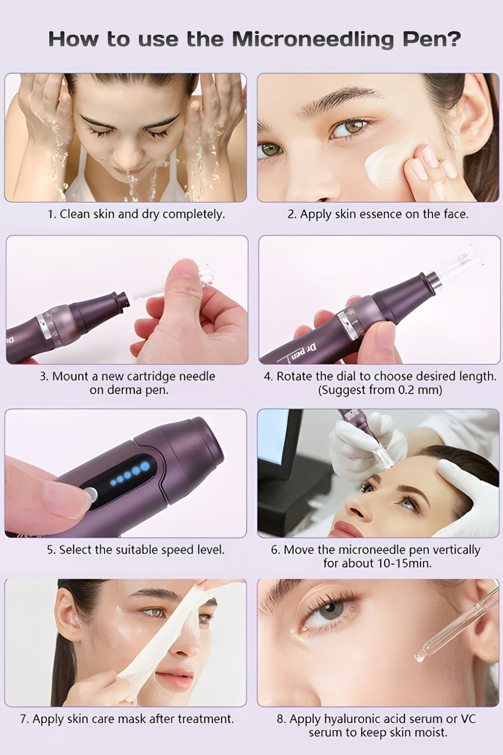 Step-by-step guide on how to use a microneedling pen with images and text.