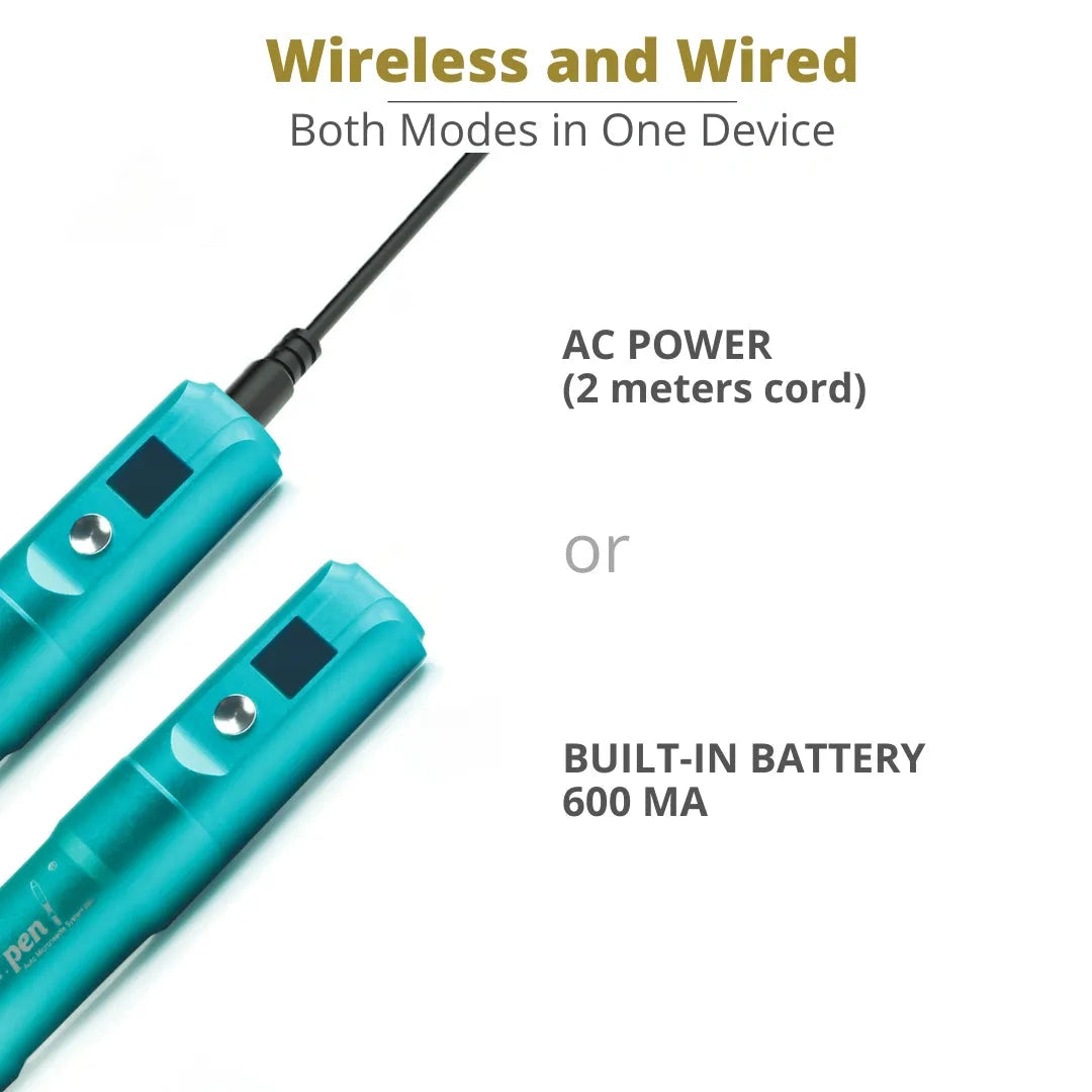 Two teal devices with text indicating wireless and wired modes on a white background