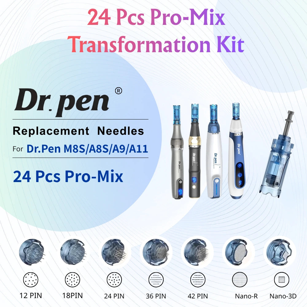 Dr. Pen M8S/A8S/A9/A11 microneedling cartridges: 24 Pcs Pro-Mix Transformation Kit with various needle types.