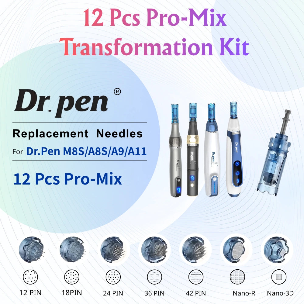Dr. Pen M8S/A8S/A9/A11 12-pack Pro-Mix needle tips set for targeted skin transformation.