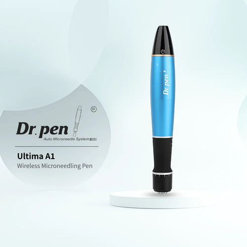 Dr. Pen Ultima A1 wireless microneedling pen in sleek blue and black, displayed on a white stand.