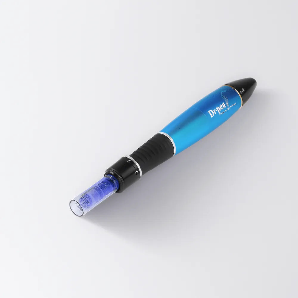 Dr. Pen Ultima A1 wireless microneedling pen in sleek blue and black with a visible cartridge.