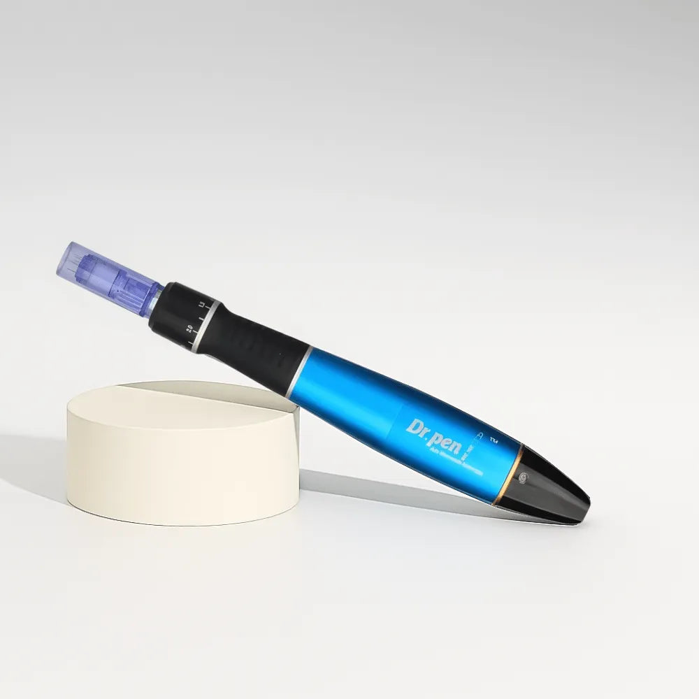 Sleek blue Dr. Pen Ultima A1 wireless microneedling pen with black grip and clear cartridge, ideal for skin rejuvenation.