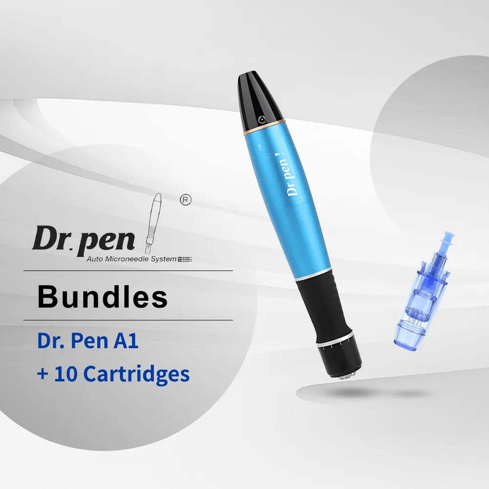 Dr. Pen Ultima A1 wireless microneedling pen in vibrant blue with black accents, plus a blue cartridge.