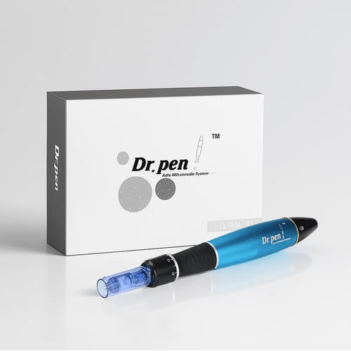 Dr. Pen Ultima A1 wireless microneedling pen in metallic blue with black accents, beside its white box.
