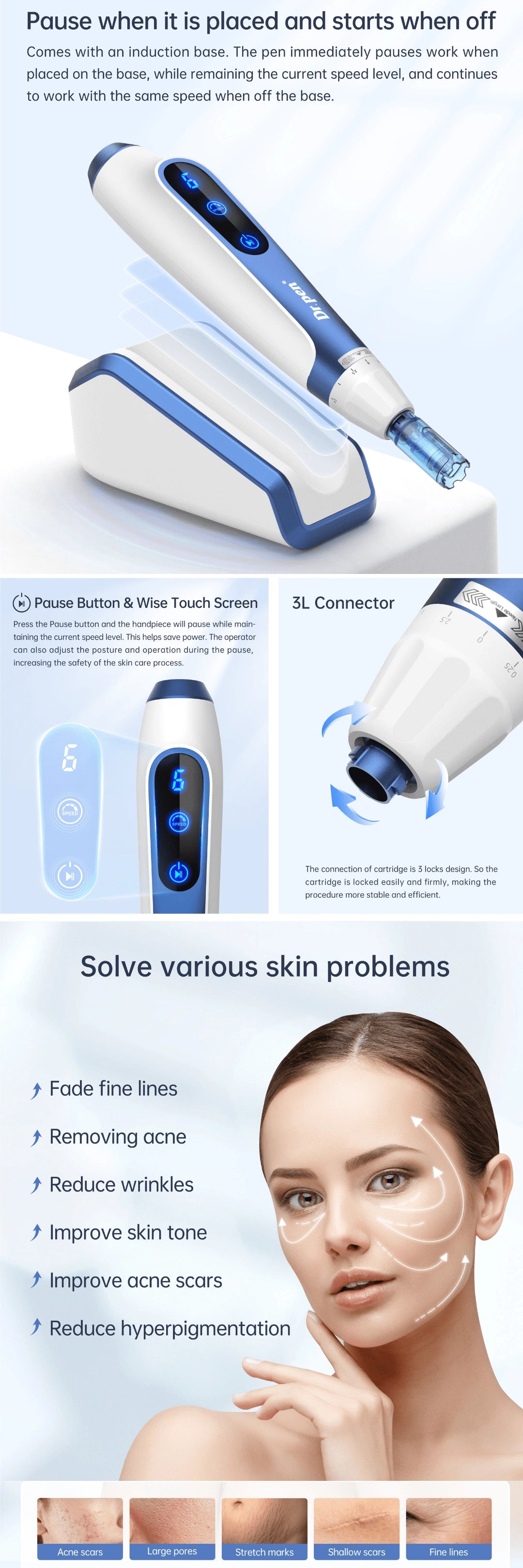 Product packaging and features of a skin care device with images of a woman's face and text describing its benefits.