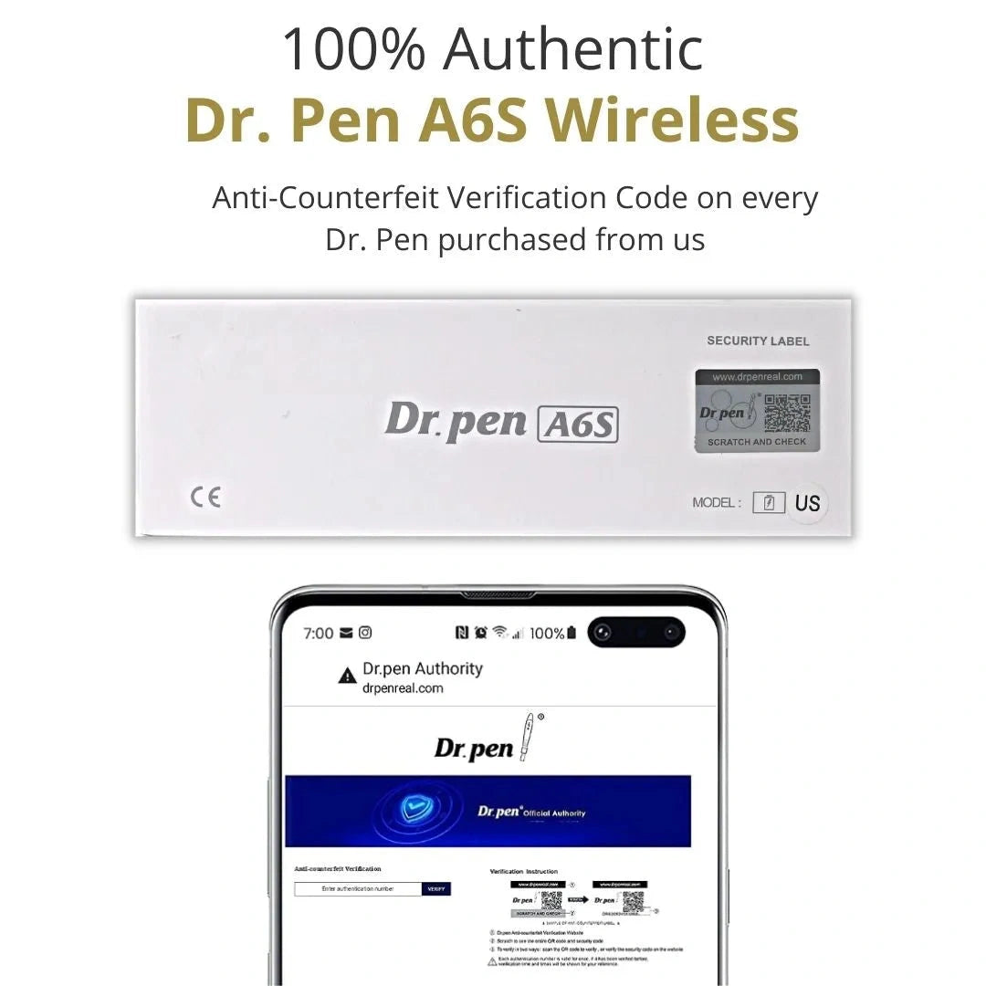 Dr. Pen A6S Wireless packaging with smartphone displaying authenticity verification app.