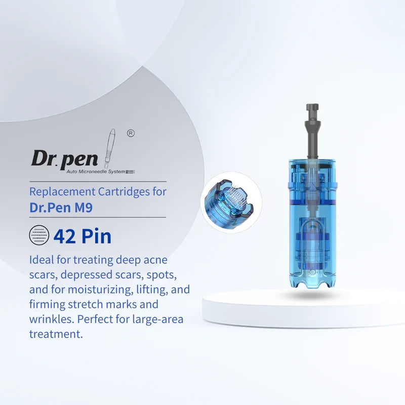 Official Dr. Pen M9 42-pin replacement cartridge, blue translucent, with ultra-fine stainless steel needles.