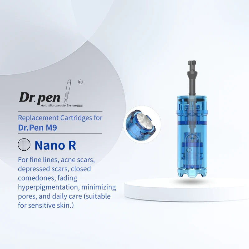 Dr. Pen M9 Nano R replacement cartridge, blue, with ultra-fine needles for skin rejuvenation.