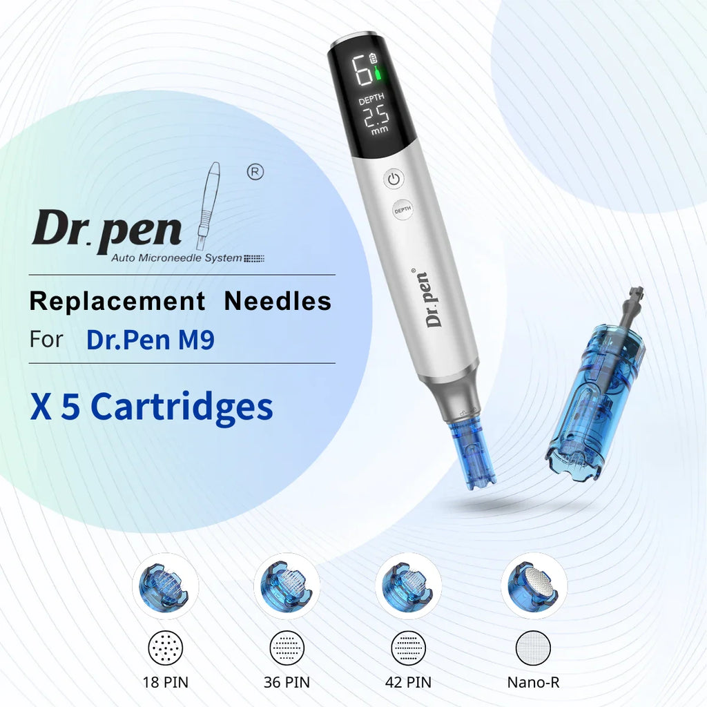 Dr. Pen M9 microneedling device with blue replacement cartridges (18, 36, 42 PIN, Nano-R).