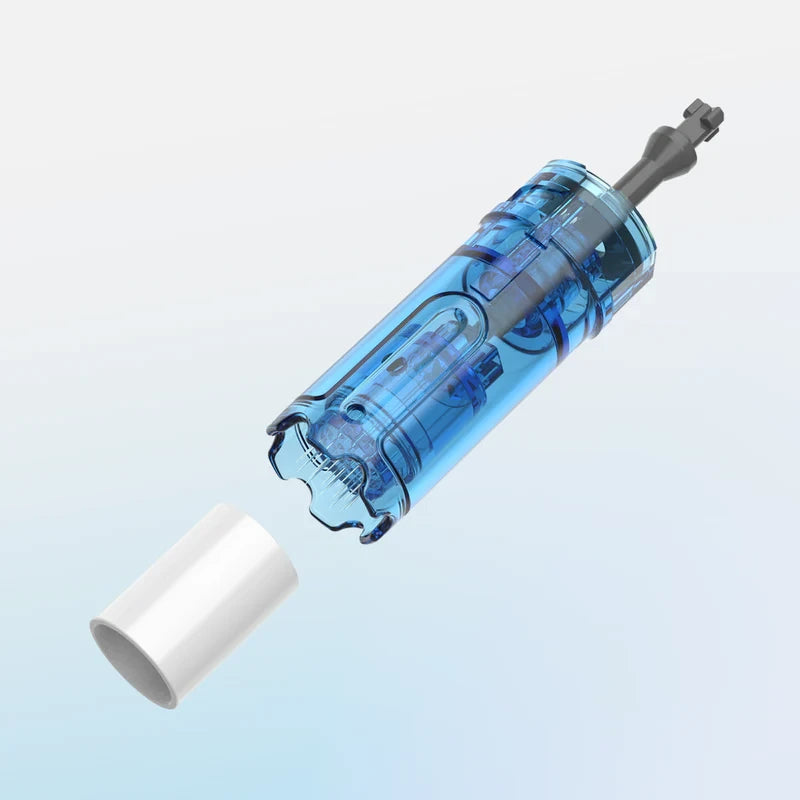 Official Dr. Pen Ultima M9 replacement cartridge with a translucent blue body, gray tip, and white protective cap.
