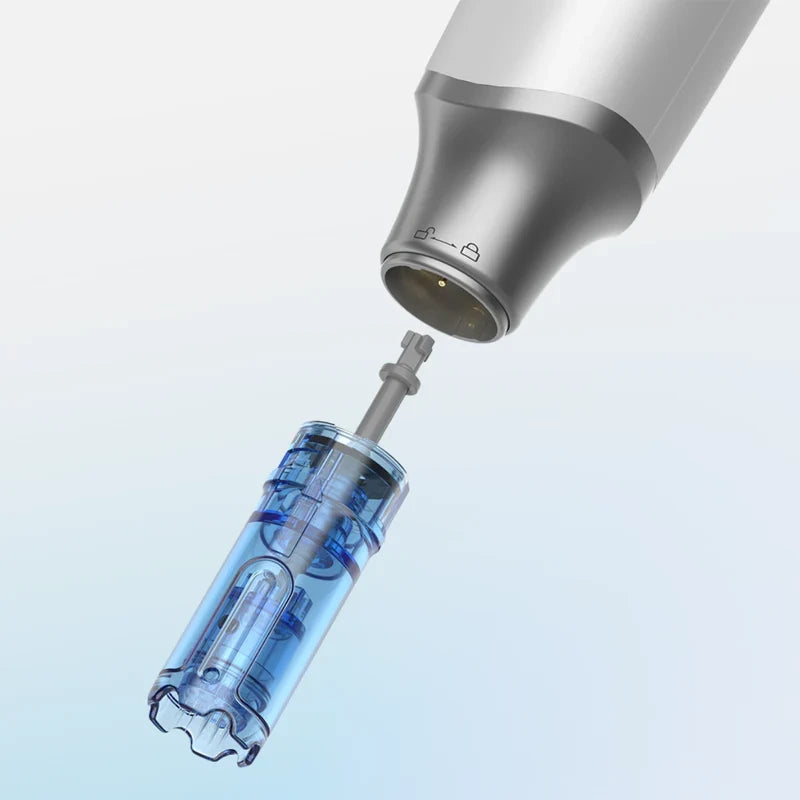 Dr. Pen M9 replacement cartridge, clear blue, detaching from the silver and white microneedling pen.