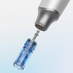 Dr. Pen M9 replacement cartridge, clear blue, detaching from the silver and white microneedling pen.