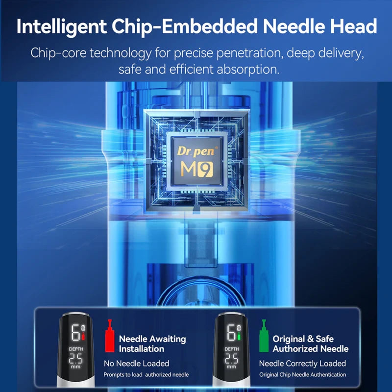 Dr. Pen M9 replacement cartridge with intelligent chip, showing secure installation and authorized needle recognition.
