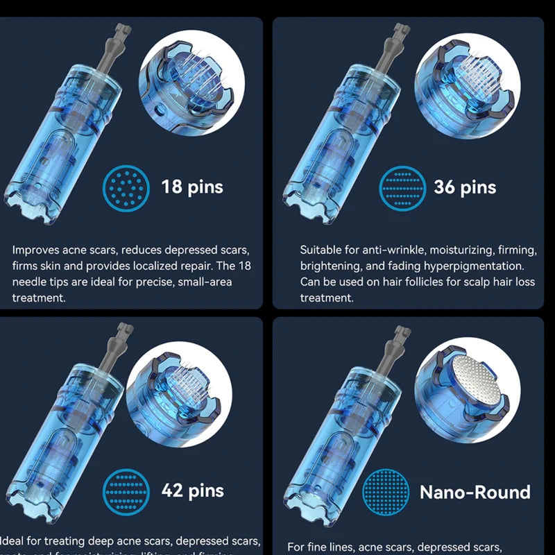 Dr. Pen M9 replacement cartridges: 18, 36, 42 pin, and Nano-Round, featuring clear blue bodies and stainless steel needles.