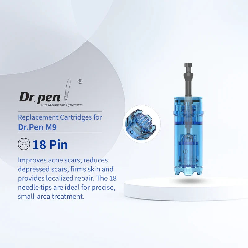 Dr. Pen M9 18-pin replacement cartridge, blue transparent plastic with fine stainless steel needles.
