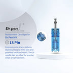 Dr. Pen M9 18-pin replacement cartridge, blue transparent plastic with fine stainless steel needles.