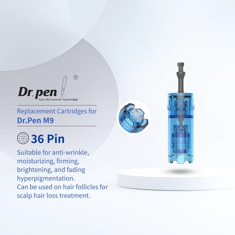 Blue Dr. Pen M9 36-pin replacement cartridge with ultra-fine stainless steel needles for advanced microneedling.