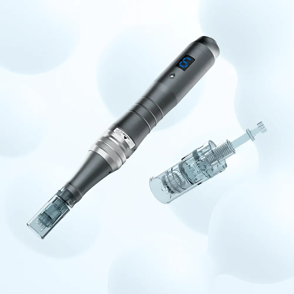 Dr. Pen M8 wireless microneedling pen in sleek dark gray with a clear needle cartridge.