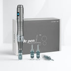 Dr. Pen M8 wireless microneedling pen in sleek gray with blue digital display, cartridges, and box.