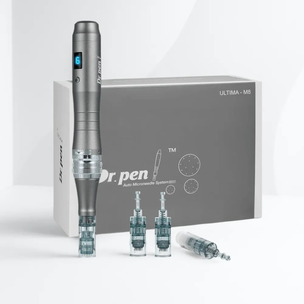 Dr. Pen M8 wireless microneedling pen in sleek gray with blue digital display, cartridges, and box.