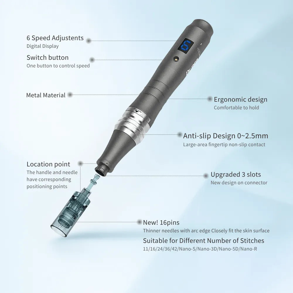 Dr. Pen M8 wireless microneedling pen in dark gray metal, featuring a digital display, anti-slip design, and 16-pin cartridge.