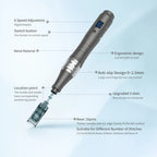 Dr. Pen M8 wireless microneedling pen in dark gray metal, featuring a digital display, anti-slip design, and 16-pin cartridge.