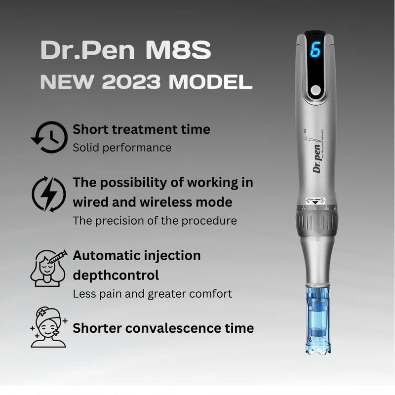 Dr. Pen M8S wireless microneedling pen in sleek silver with a blue digital display and cartridge.