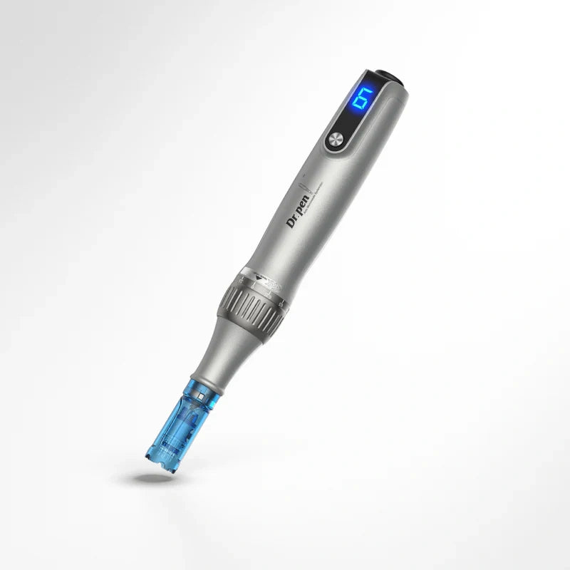 Sleek silver Dr. Pen M8S wireless microneedling pen with a blue digital display and transparent blue cartridge.