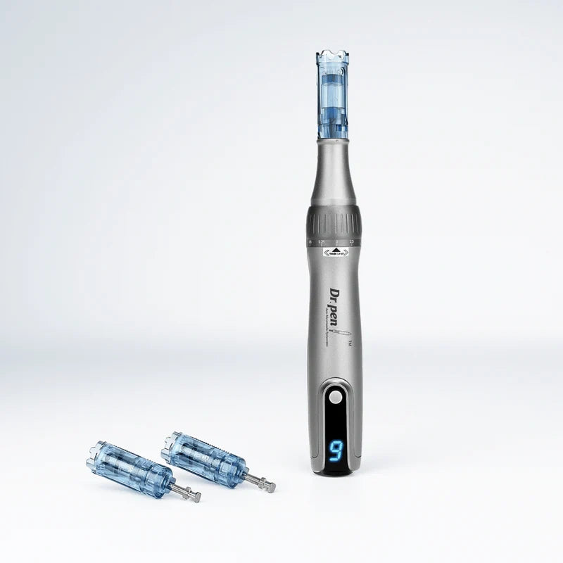 Dr. Pen M8S wireless microneedling pen in silver with blue cartridge, plus two extra cartridges.