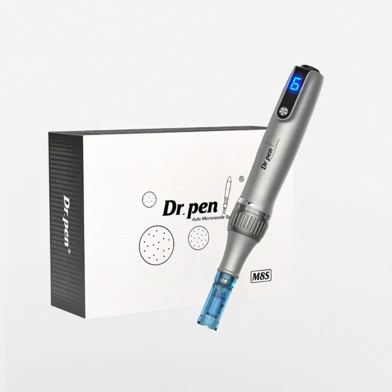 Dr. Pen M8S wireless microneedling pen in silver with blue needle cartridge, next to its black and white box.
