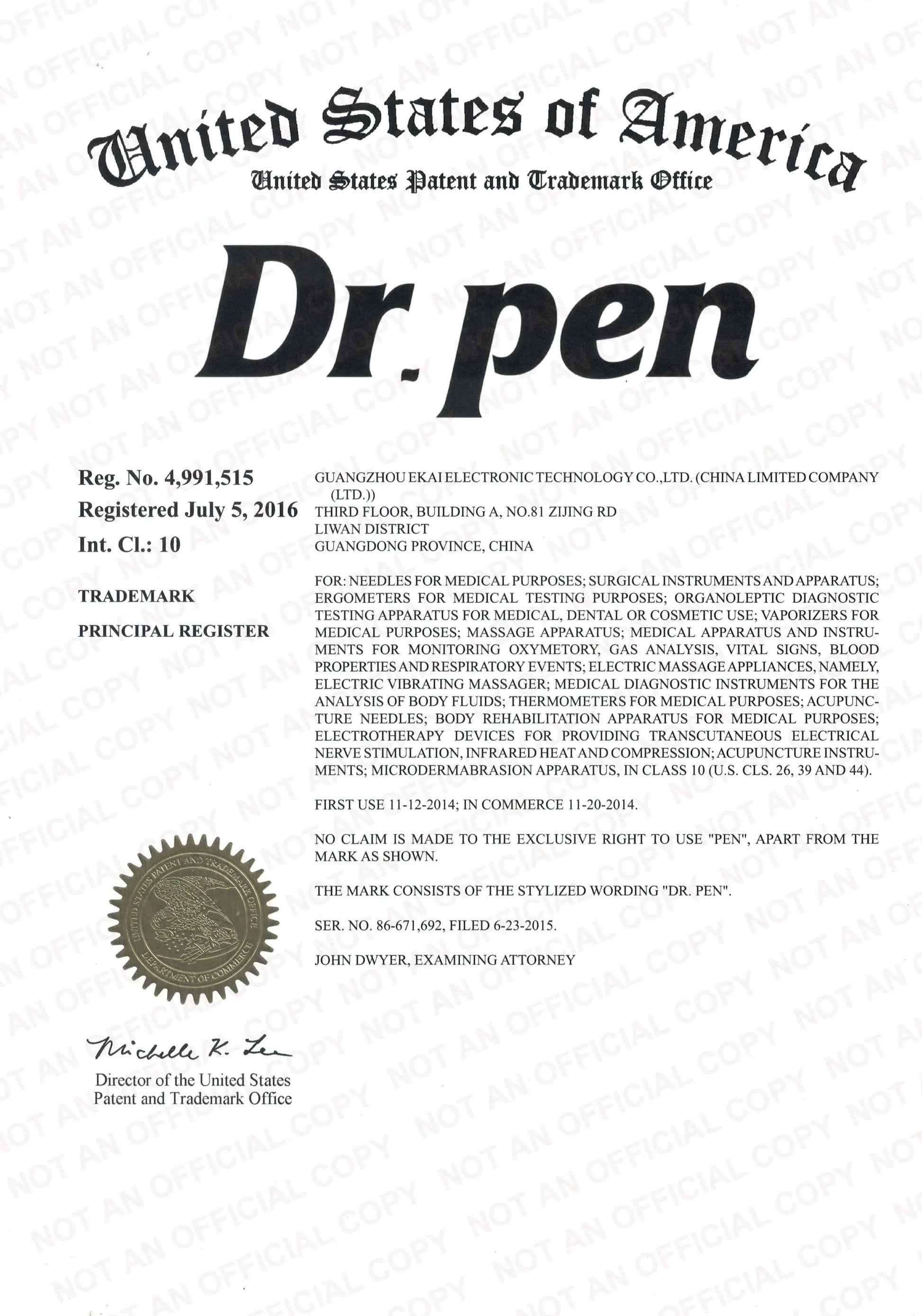 United States Patent and Trademark Office document for "Dr. Pen" in black text on a white background.