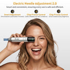 Smiling woman holds a sleek silver Dr. Pen M9 microneedling pen with a smart LED display.