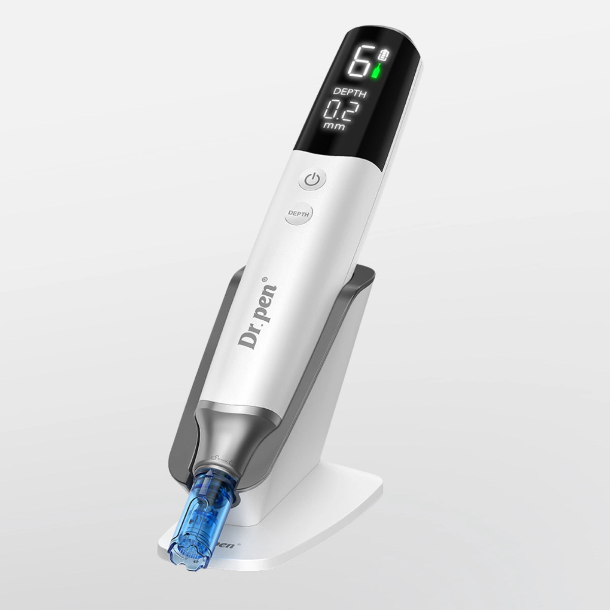 Dr. Pen M9 microneedling pen, white and silver, with smart LED display, on a charging stand.