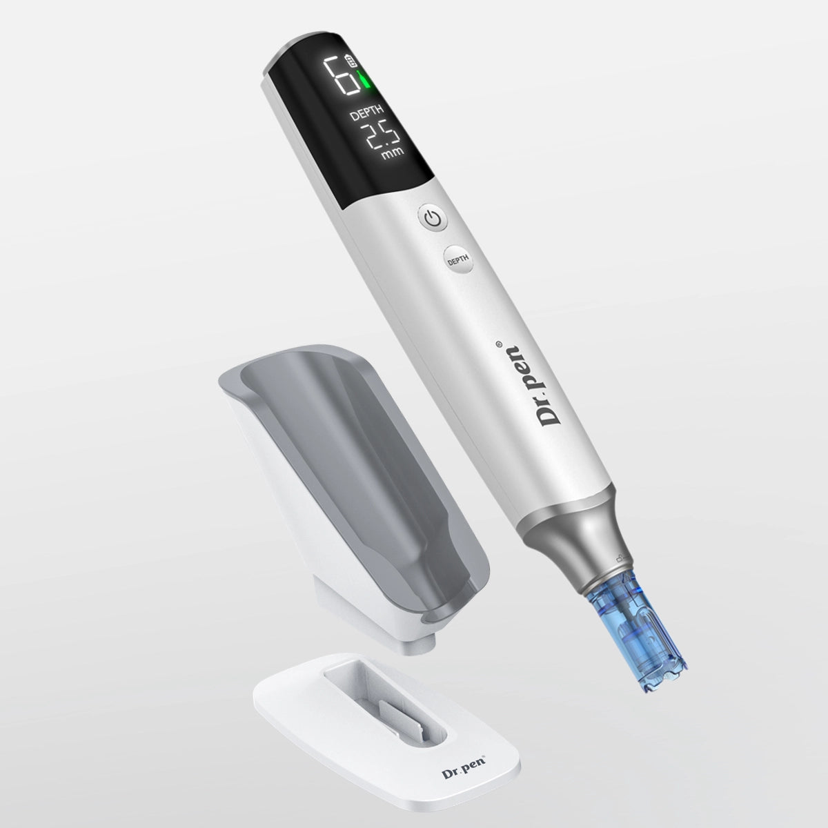 Dr. Pen M9 microneedling pen in white with smart LED display, charging base, and blue needle cartridge.