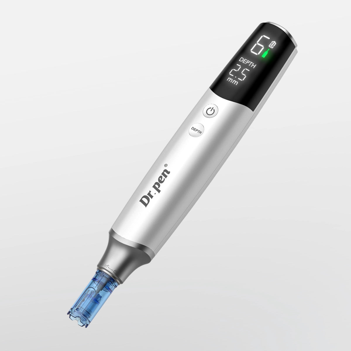 Dr. Pen M9 wireless microneedling pen in silver with smart LED display showing depth and speed.